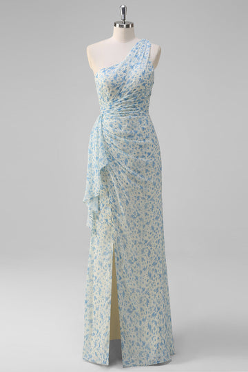 Hvid Blå Blomst En Skulder Brudepige Kjole med Slids